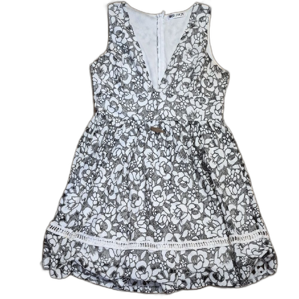 Vintage Boho Gray & White Floral Print Sleeveless Mini Dress Shift V-Neck small